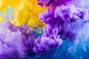 Fototapeta premium Vivid purple and yellow inks intertwine in water, creating a striking abstract display of fluid motion. High quality illustration