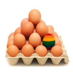 Egg with rainbow colors of the LGBTQ+ flag with other many eggs in cardboard  box on white background