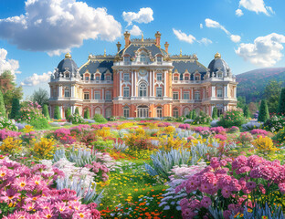 A grand, ornate mansion surrounded by colorful flower gardens under the bright blue sky. The garden was filled with vibrant flowers in various colors and shapes. Created with Ai - obrazy, fototapety, plakaty