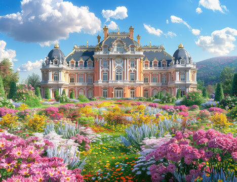 A grand, ornate mansion surrounded by colorful flower gardens under the bright blue sky. The garden was filled with vibrant flowers in various colors and shapes. Created with Ai