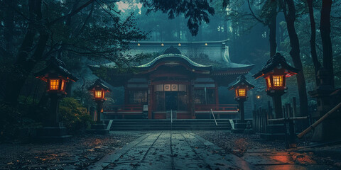 Japanese temple. ancient shrine in the middle of forest. night at the mountain.