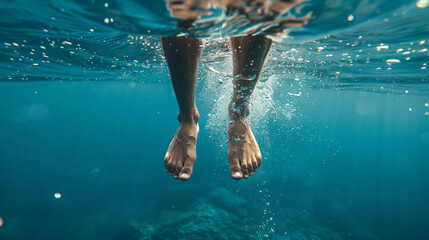 Legs of a man seen sticking out of the water 