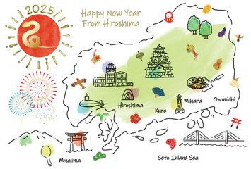 広島県の観光地のイラストマップ年賀状2025年 - obrazy, fototapety, plakaty