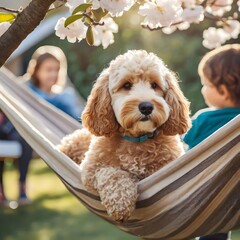 a golden doodle sitting on a hammock under a magnolia on a sunny day