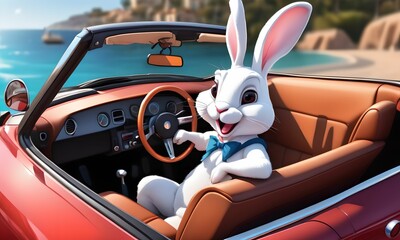 wallpaper for children, representing a rabbit at the wheel of a convertible car, driving along the seaside. - obrazy, fototapety, plakaty
