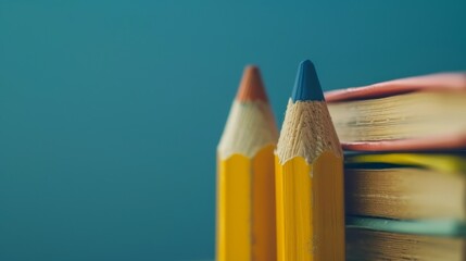 A colorful pencils standing next to a stack of books.