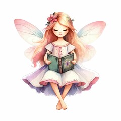 Fairy with a book of spells. watercolor illustration, Perfect for nursery art, simple clipart,  Cute Fairy watercolor illustration Clipart.