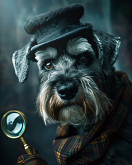 Schnauzer detective in vintage attire with a magnifying glass, embodying mystery and investigation
