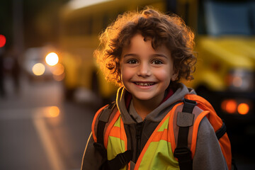 Smiling child with backpack ready for school at dawn, yellow bus in soft focus