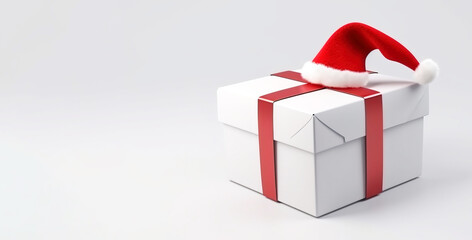 Christmas red gift box with ribbon and santa claus hat on gray background, isolate. AI generated.