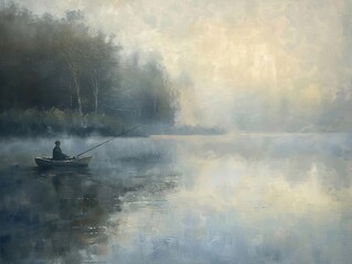 A serene early morning scene on a misty lake, with a lone fisherman in a small boat casting his line into the calm waters, capturing the peaceful solitude of fishing - obrazy, fototapety, plakaty