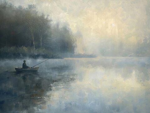 A serene early morning scene on a misty lake, with a lone fisherman in a small boat casting his line into the calm waters, capturing the peaceful solitude of fishing