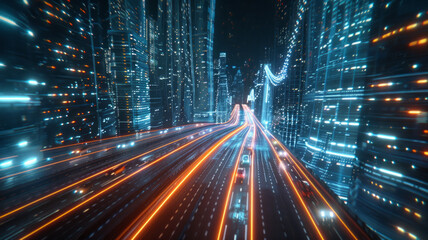 High speed 3D rendering with blurred light of highway lights, buildings in a big city at night.
