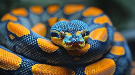 Fototapeta premium Ball Python: Curled up in a symmetrical coil, showcasing its intricate pattern.