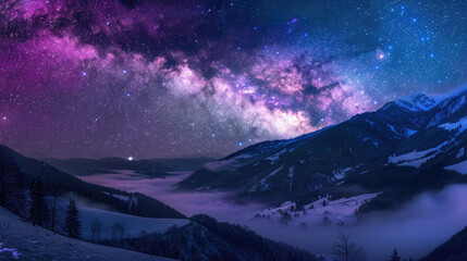 Beautiful starry sky with milky way over mountains in alpine valley winter landscape at night
