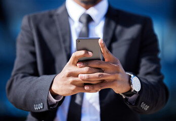 Hands, business and man with cellphone, typing and internet with lawyer, digital app or social...