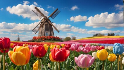 colorful tulips with a backdrop, a classic wooden windmill, against a cloudy blue sky