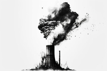 Ecology pollution, smoke from pipe on white background, graphic isolate. AI generated.