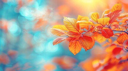 Autumn's vibrant tapestry of golden yellow and fiery orange leaves dances against a backdrop of bokeh-blurred sunlight, casting a warm glow over the park as the sun paints the sky in hues of twilight.