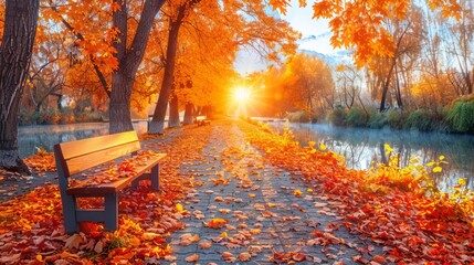 A picturesque Autumn forest path lined with vibrant orange trees and crimson maple leaves, bathed in soft morning sunlight and embraced by a mystical sunset fog, showcasing a wooden bench 