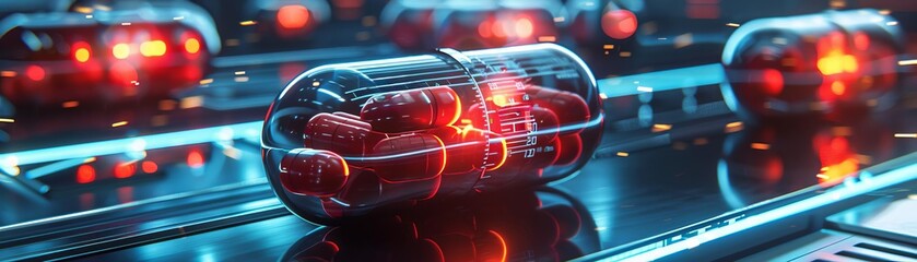 A high-tech pharmaceutical lab where scientists are developing a futuristic vitamin, with glowing neon capsules arranged on a sleek - obrazy, fototapety, plakaty