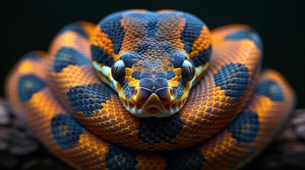 Fototapeta premium Ball Python: Curled up in a symmetrical coil, showcasing its intricate pattern.