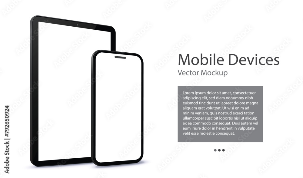 Poster mobile phone and tablet computer vector mockup with perspective view. blank screen digital devices i
