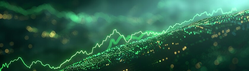 A dynamic display of a stock market dashboard with a neon green growth chart sharply ascending, set against a dark background, symbolizing rapid financial growth and positive market trends - obrazy, fototapety, plakaty