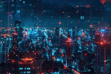 Panoramic aerial view on city skyline with smart services and icons, internet of things, network and augmented reality concept, night scene with generative ai