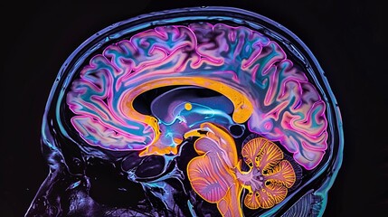 An illustrative diagram of the human brain, highlighting areas affected by ADHD with glowing colors, aimed at educating on the neurological aspects and challenges of the condition - obrazy, fototapety, plakaty