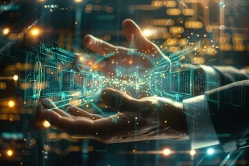 Closeup of a businessmans hands transferring files between two futuristic holographic devices, with a vibrant HUD interface and digital data flowing visibly