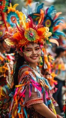 A woman wearing a colorful headdress and traditional clothing smiles during a festival.