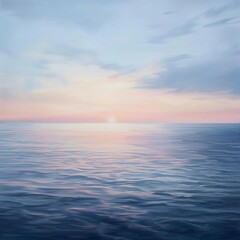 Obraz premium A breathtaking view of the ocean at dawn, with the sky painted in soft pastels and the calm sea reflecting the heavens, conveying a sense of tranquility and infinity