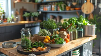 A wooden table in a modern kitchen with a variety of fresh herbs and vegetables on it.