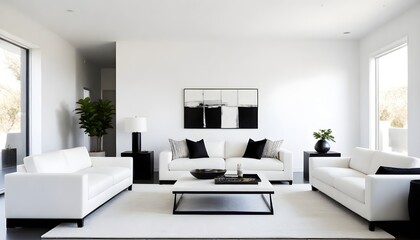 A spacious living room bathed in natural light, featuring minimalist furnishings in crisp white hues, complemented by chic black accents on the coffee table and wall art.