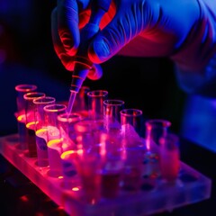 A closeup of a scientists hands pipetting a glowing, fluorescent liquid into test tubes, set in a modern biochemical lab with dark surroundings to enhance visibility of the experiment