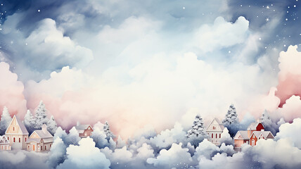 Obraz premium Winter landscape with houses in the middle of the forest on the background of clouds, Christmas greeting card