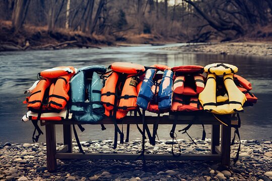Colorful Life Jackets on Public Wooden Bench by River in Nature