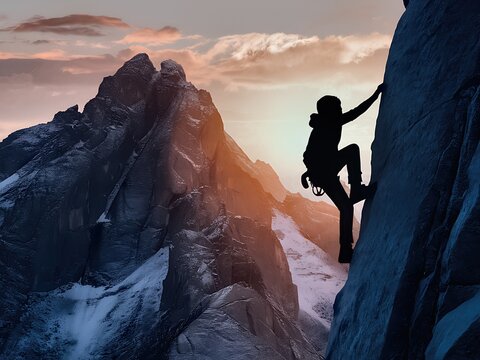 Silhouetted figure scaling cliff against fabulous mountain backdrop in sunset