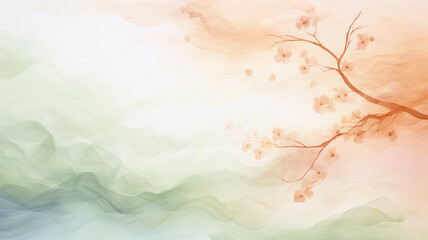 Fototapeta na wymiar Abstract green and peach background with foliage in watercolor style