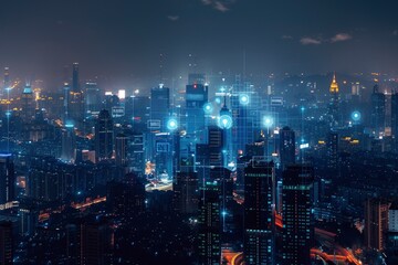Naklejka premium Panoramic aerial view on city skyline with smart services and icons, internet of things, network and augmented reality concept, night scene with generative ai