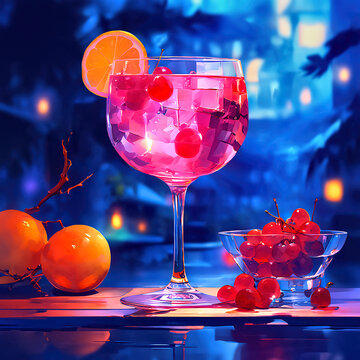 Vibrant Cherry Cocktail Sketch with Grape and Tangerine on Light Wooden Table