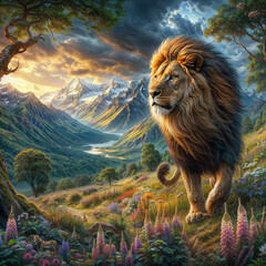 painting of a lion walking through a mountain landscape with flowers, aslan the lion, king of the jungle, lord of the jungle, lion, portrait of a lion, lion warrior, highly detailed digital artwork, b