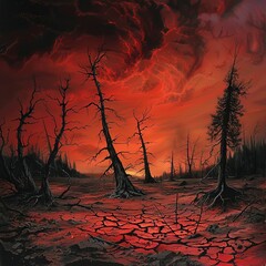 A desolate wasteland with cracked earth and sparse, dead trees under a bloodred sky, depicting a desolate and cursed landscape associated with hellish imagery - obrazy, fototapety, plakaty