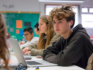 pensive teenage boy with curly hair sits at a table in a classroom - obrazy, fototapety, plakaty