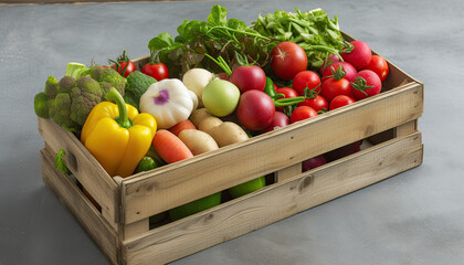 Delivery of farm packaged fruits and vegetables in wooden box. Life without waste. Ecology and nature. Sunny morning. 
