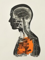 Library of the Mind: Surreal Black and White Human Figure with a Bright Orange Interior Library in the Chest, on a White Background