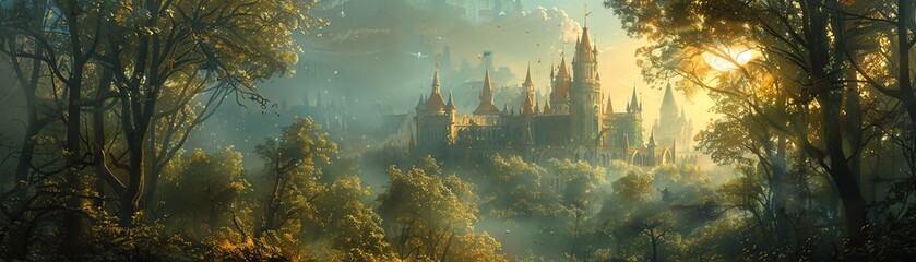 A fairytale castle surrounded by an enchanted forest, with magical creatures visible in the woods