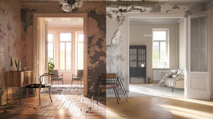 apartment before and after restoration or refurbishment, copy and text space, 16:9