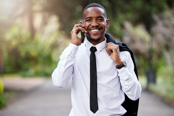 Businessman, phone call and portrait in city with talking, networking and conversation for...